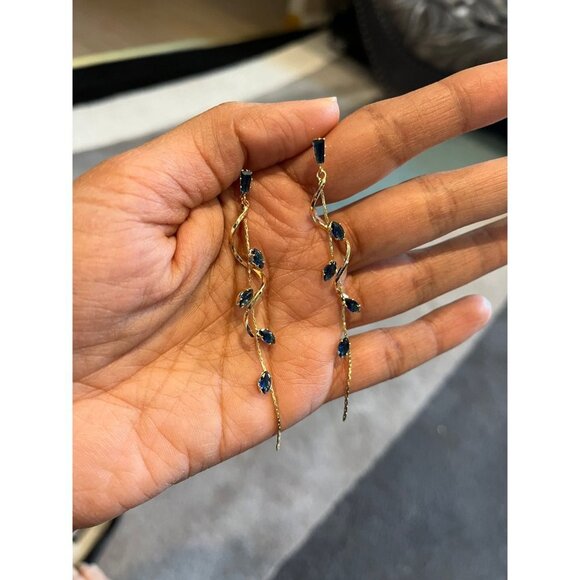 navy blue earrings gold chandelier, dark blue wedding crystal  blue earrings - Picture 4 of 8